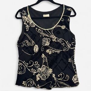 Maya Sheer Gold Embroidery Velvet Burnout Y2K Evening Black Top Sz M Coquette